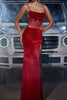 Load image into Gallery viewer, Sparkly Dark Red Spaghetti Straps Corset Prom Dress with Slit