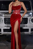 Load image into Gallery viewer, Sparkly Dark Red Spaghetti Straps Corset Prom Dress with Slit