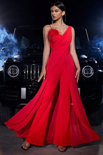 Flowy Red V-Neck Long Prom Jumpsuit with Feathers