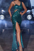 Load image into Gallery viewer, Sparkly Dark Green Mermaid Sequin Fringed Evening Dress with Slit