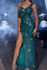 Load image into Gallery viewer, Sparkly Dark Green Mermaid Sequin Fringed Evening Dress with Slit