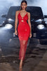 Load image into Gallery viewer, Red Bodycon Spaghetti Straps V Neck Hollow-Out Cocktail Party Dress