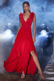Red A Line V Neck Long Prom Dress with Slit