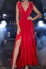 Load image into Gallery viewer, Red A Line V Neck Long Prom Dress with Slit