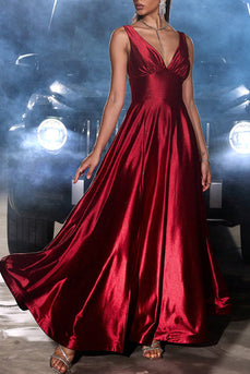 Dark Red A Line V Neck Satin Long Prom Dress with Slit