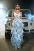 Load image into Gallery viewer, Blue White Flower Corset Tulle A Line V Neck Spaghetti Straps Long Prom Dress