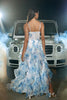 Load image into Gallery viewer, Blue White Flower Corset Tulle A Line V Neck Spaghetti Straps Long Prom Dress