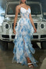 Load image into Gallery viewer, Blue White Flower Corset Tulle A Line V Neck Spaghetti Straps Long Prom Dress