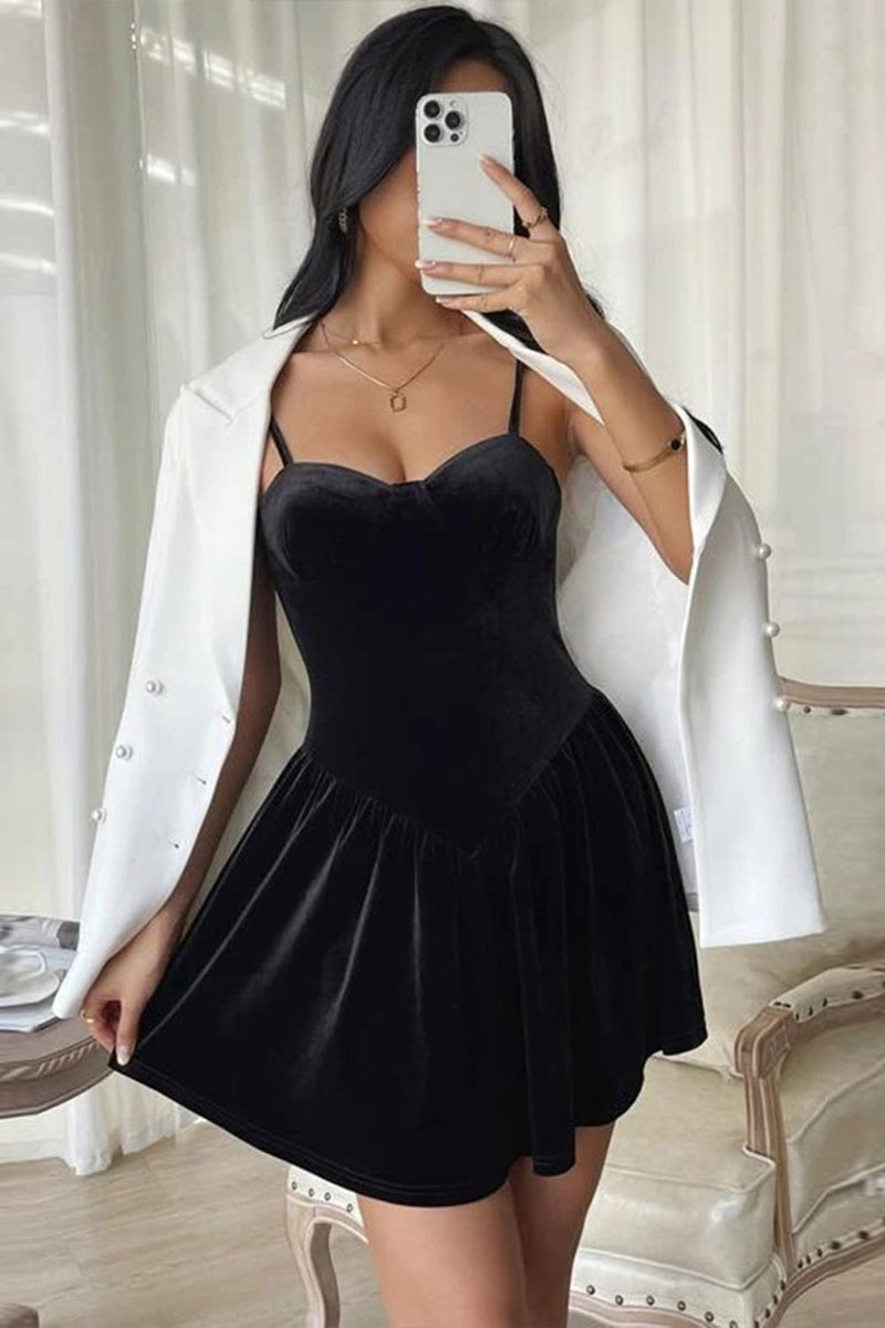 Load image into Gallery viewer, Black A Line Spaghetti Straps Short Cocktail Dress