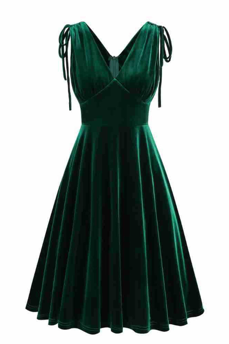 Load image into Gallery viewer, Dark Green A Line V Neck Short Vintage Dress