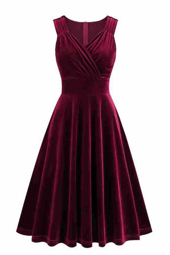 Burgundy A Line V Neck Pleated Short Vintage 1950s Dress