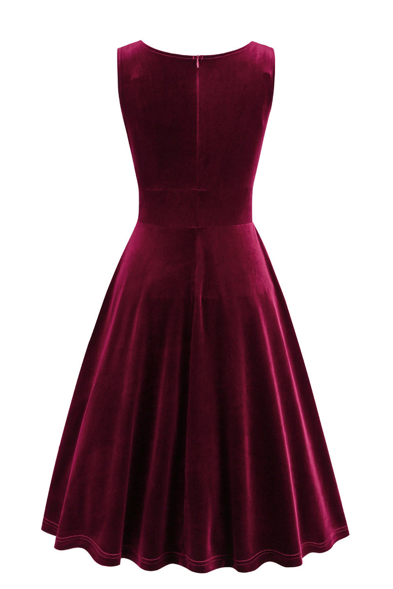 Load image into Gallery viewer, Burgundy A Line V Neck Pleated Short Vintage 1950s Dress