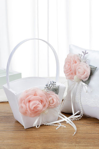 White Wedding Basket and Pillow Set with Pink Flower