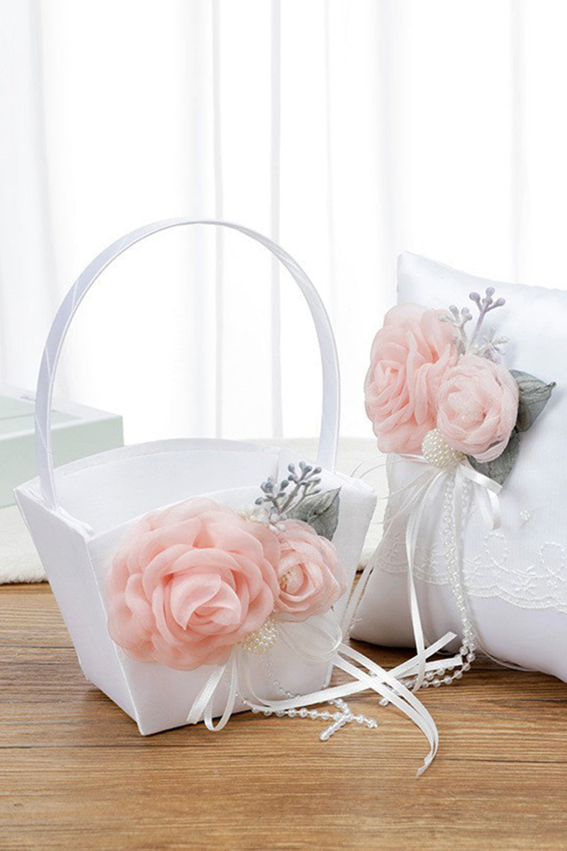 Load image into Gallery viewer, White Wedding Basket and Pillow Set with Pink Flower