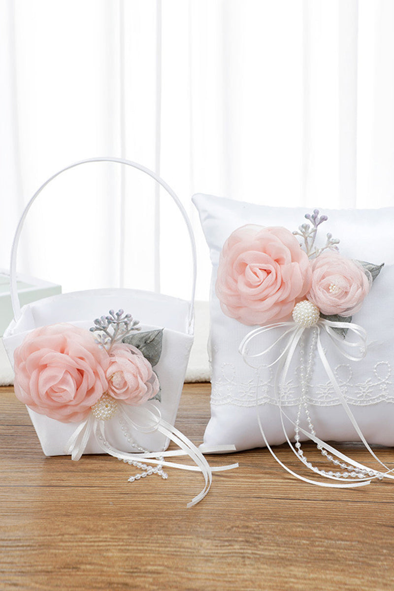 Load image into Gallery viewer, White Wedding Basket and Pillow Set with Pink Flower