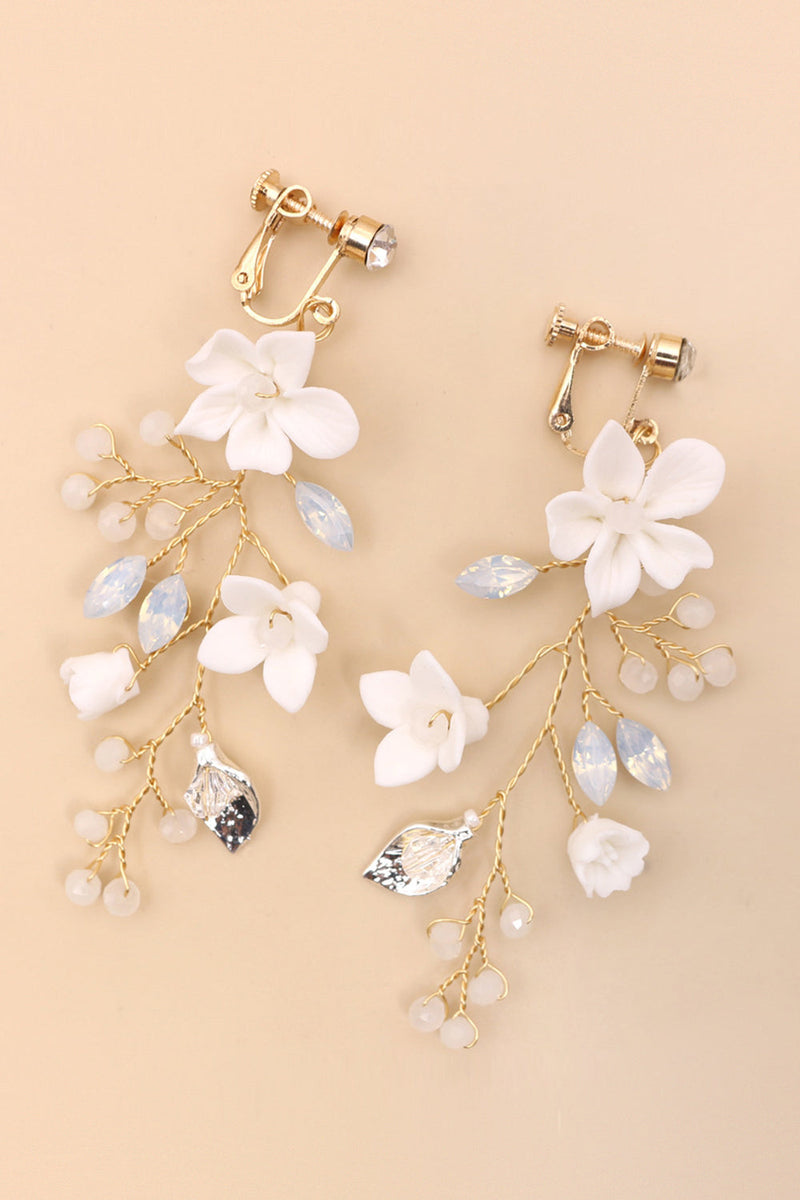 Load image into Gallery viewer, Fairy White Ceramic Flower Bridal Ear Clips