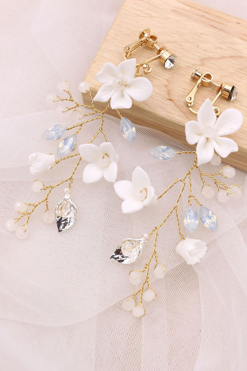 Load image into Gallery viewer, Fairy White Ceramic Flower Bridal Ear Clips