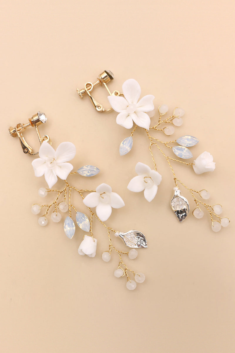 Load image into Gallery viewer, Fairy White Ceramic Flower Bridal Ear Clips