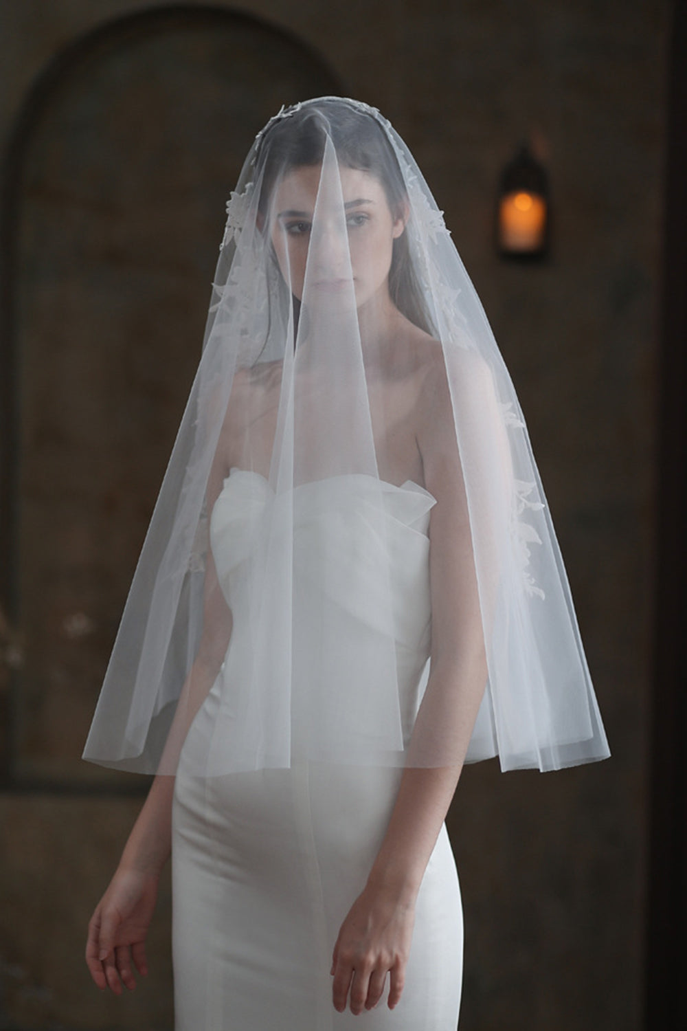 White Elegant Appliqued Bridal Veil