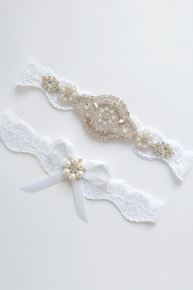 Load image into Gallery viewer, Pearl Rhinestone Lace Bridal Garter Set