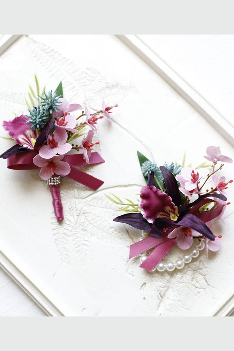 Load image into Gallery viewer, Burgundy Prom Wrist Corsage and Men‘s Boutonniere with Pearls