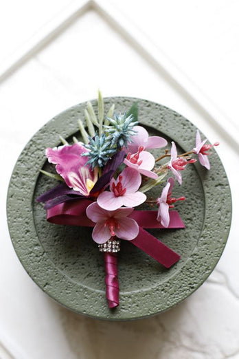 Burgundy Prom Wrist Corsage and Men‘s Boutonniere with Pearls