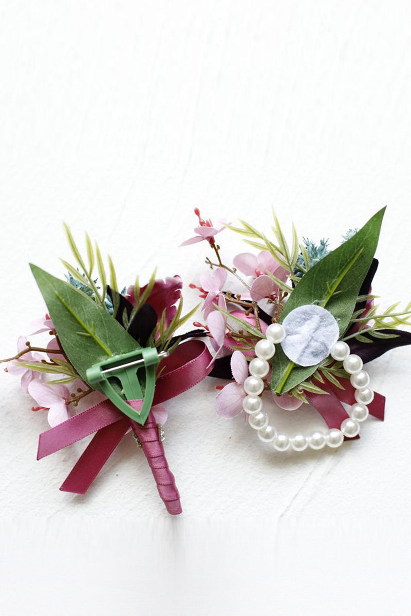 Load image into Gallery viewer, Burgundy Prom Wrist Corsage and Men‘s Boutonniere with Pearls