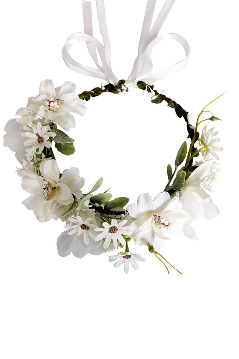 Load image into Gallery viewer, White Floral Wedding Headband Hair Wreath with Ribbon