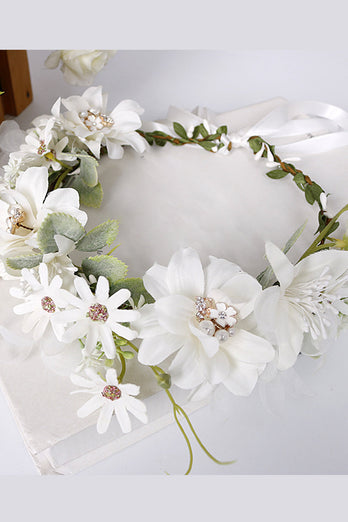 White Floral Wedding Headband Hair Wreath with Ribbon