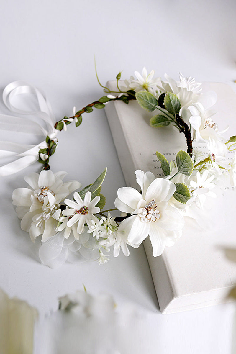 Load image into Gallery viewer, White Floral Wedding Headband Hair Wreath with Ribbon