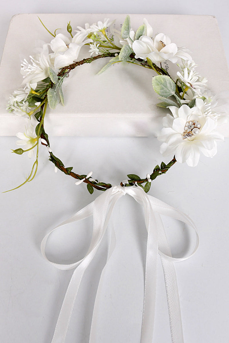 Load image into Gallery viewer, White Floral Wedding Headband Hair Wreath with Ribbon