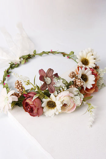 Blush Floral Bride Hair Wreath with Ribbon