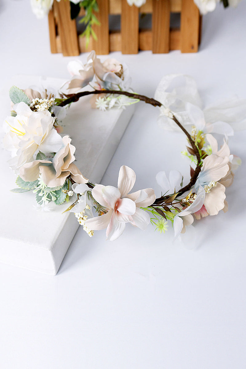 Load image into Gallery viewer, Champagne Floral Wreath Garland Bride Headband with Ribbon