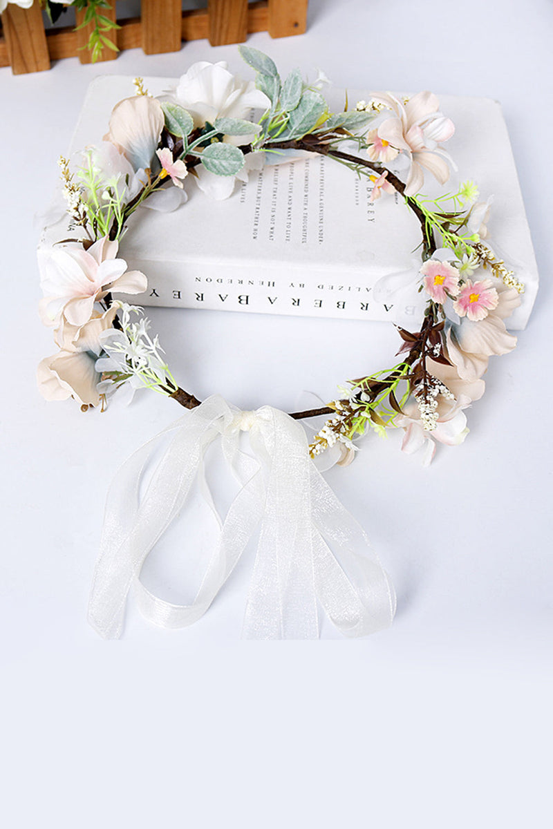 Load image into Gallery viewer, Champagne Floral Wreath Garland Bride Headband with Ribbon