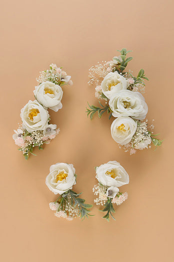 White Wrist Corsage Greenery Hair Comb Floral Bridal Headpiece