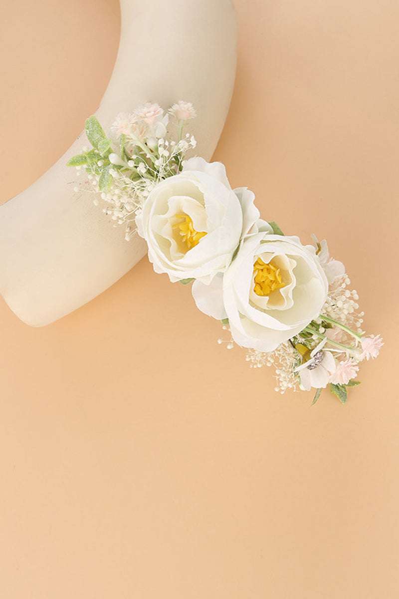 Load image into Gallery viewer, White Wrist Corsage Greenery Hair Comb Floral Bridal Headpiece