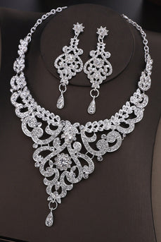 Silver Vintage Sparkling Glass Necklace Set For Wedding Party