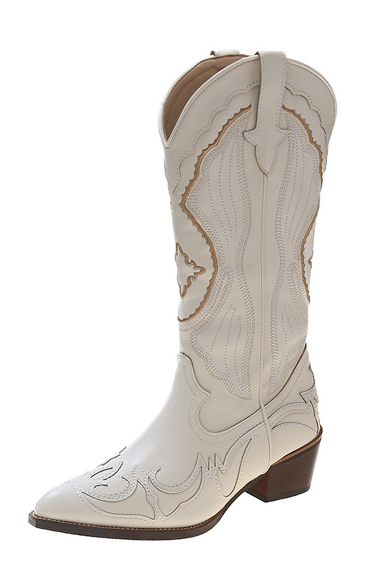 Load image into Gallery viewer, Classic White Embroidered Knee High Wide Calf Cowgirl Boots