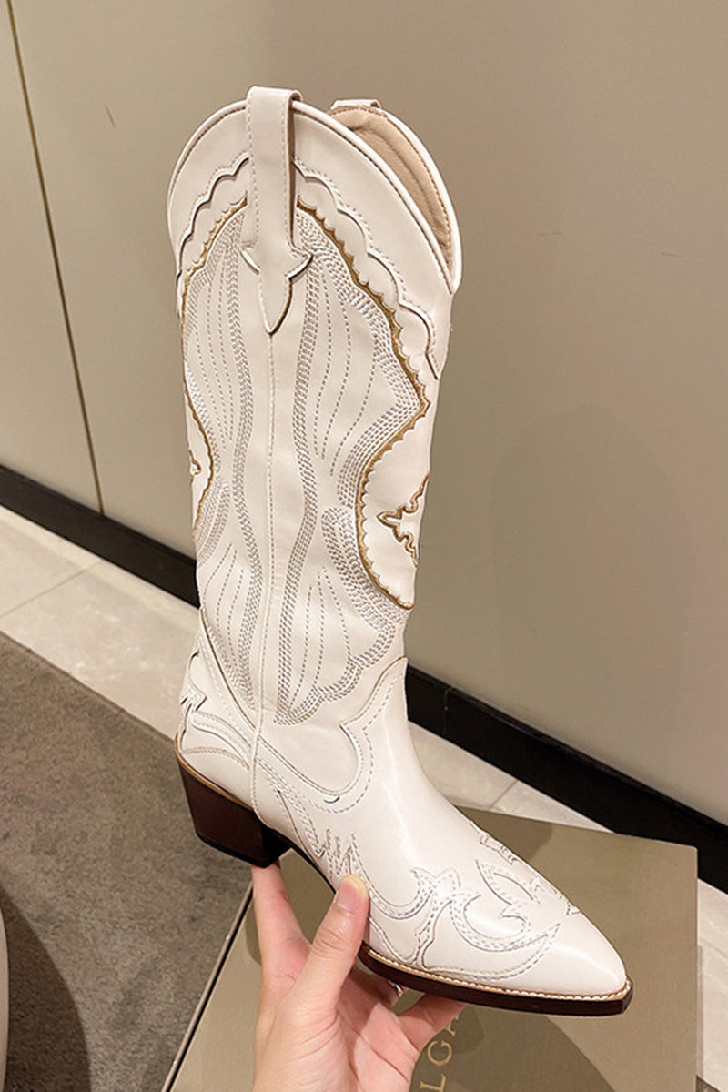 Load image into Gallery viewer, Classic White Embroidered Knee High Wide Calf Cowgirl Boots