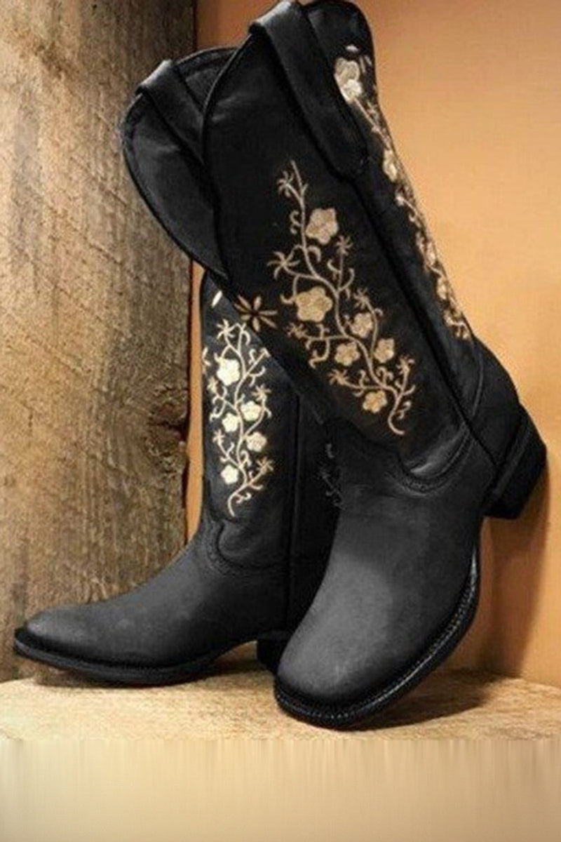 Load image into Gallery viewer, Black Embroidered Chunky Heel Mid Calf Western Boots