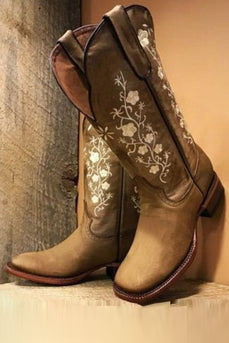 Black Embroidered Chunky Heel Mid Calf Western Boots