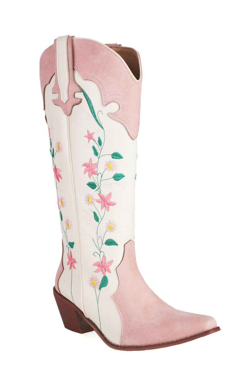 Load image into Gallery viewer, White Embroidered Knee High Wide Calf Chunky Heel Cowgirl Boots