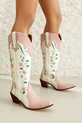 White Embroidered Knee High Wide Calf Chunky Heel Cowgirl Boots