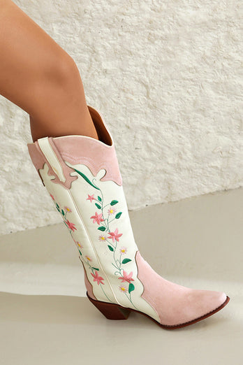 White Embroidered Knee High Wide Calf Chunky Heel Cowgirl Boots