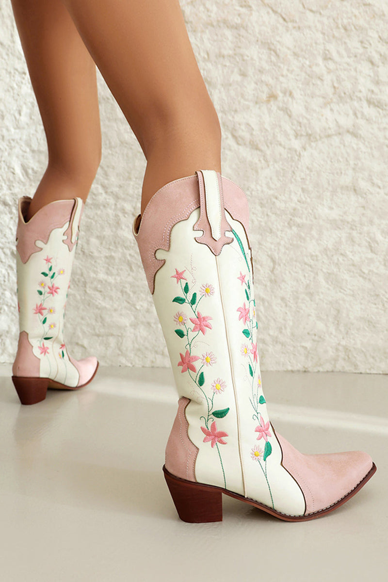 Load image into Gallery viewer, White Embroidered Knee High Wide Calf Chunky Heel Cowgirl Boots