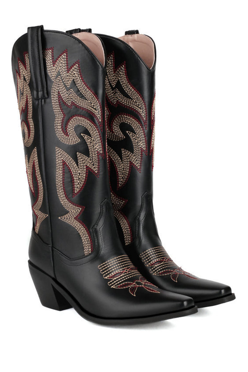 Load image into Gallery viewer, Retro Black Pointed Toe Chunky Heel Mid Calf Cowgirl Boots