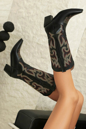 Retro Black Pointed Toe Chunky Heel Mid Calf Cowgirl Boots