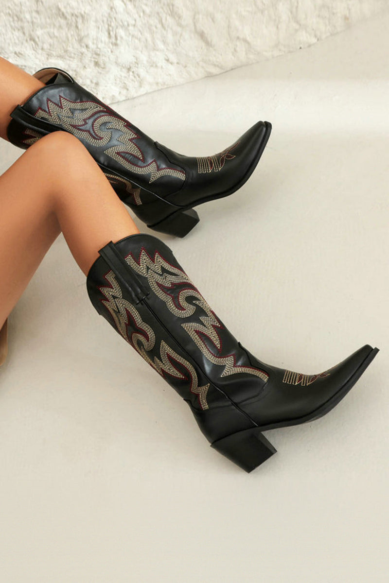 Load image into Gallery viewer, Retro Black Pointed Toe Chunky Heel Mid Calf Cowgirl Boots