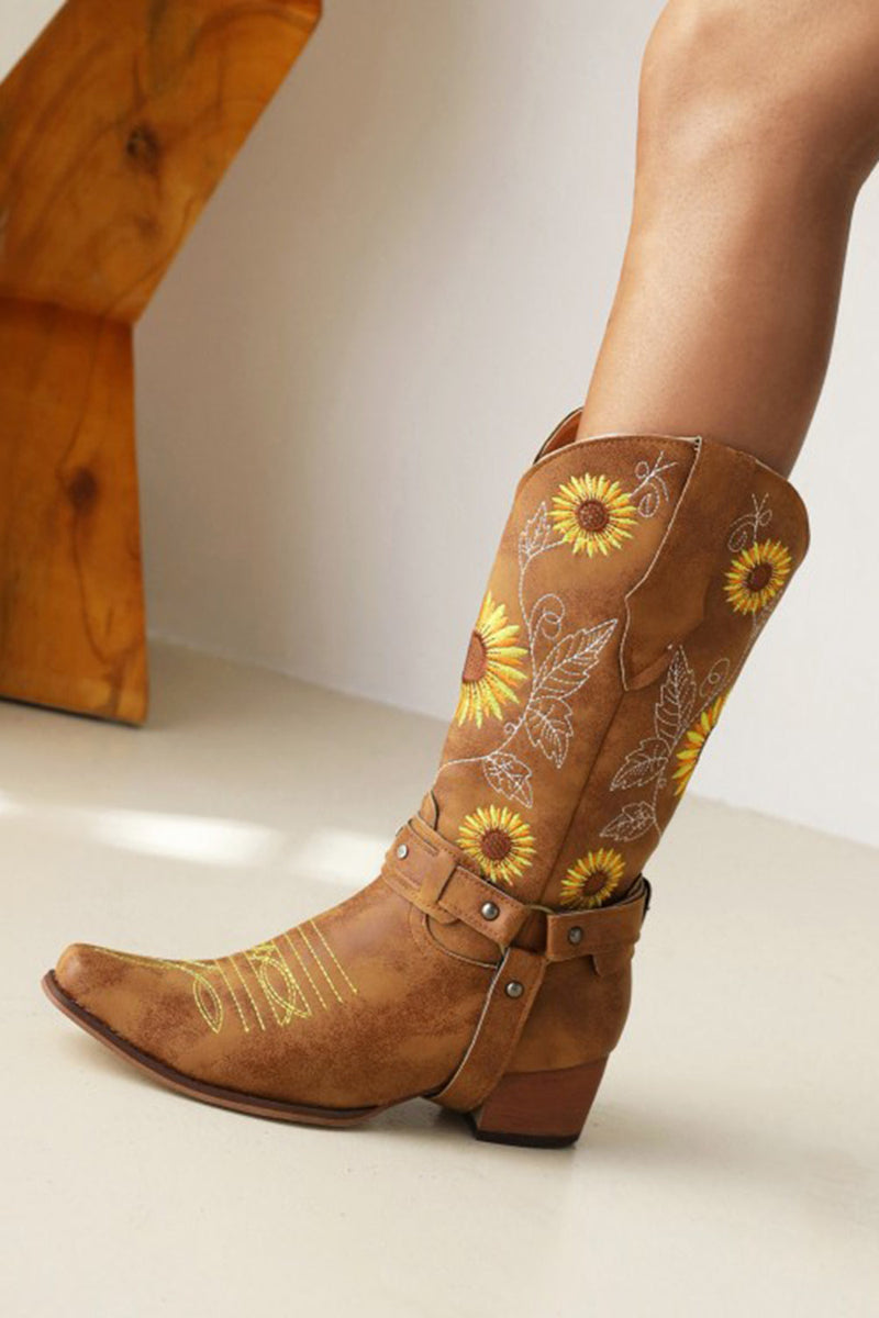 Load image into Gallery viewer, Brown Sunflower Pattern On Pointed Toe Chunky Heel Cowgirl Boots