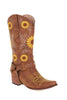 Load image into Gallery viewer, Brown Sunflower Pattern On Pointed Toe Chunky Heel Cowgirl Boots